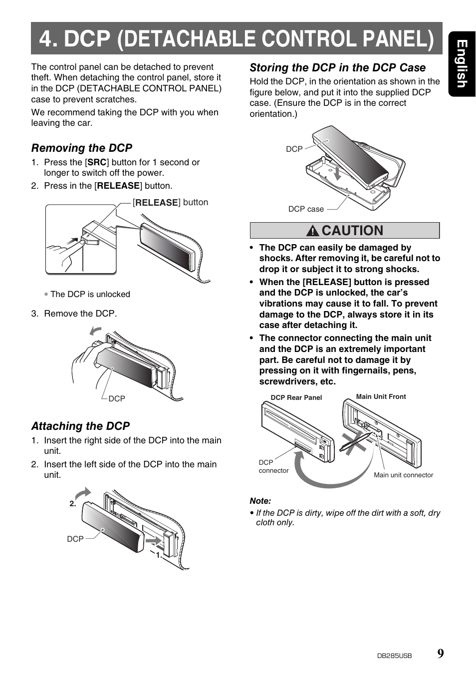 Dcp (detachable control panel), English 9, Caution | Univex DB285USB User Manual | Page 9 / 29