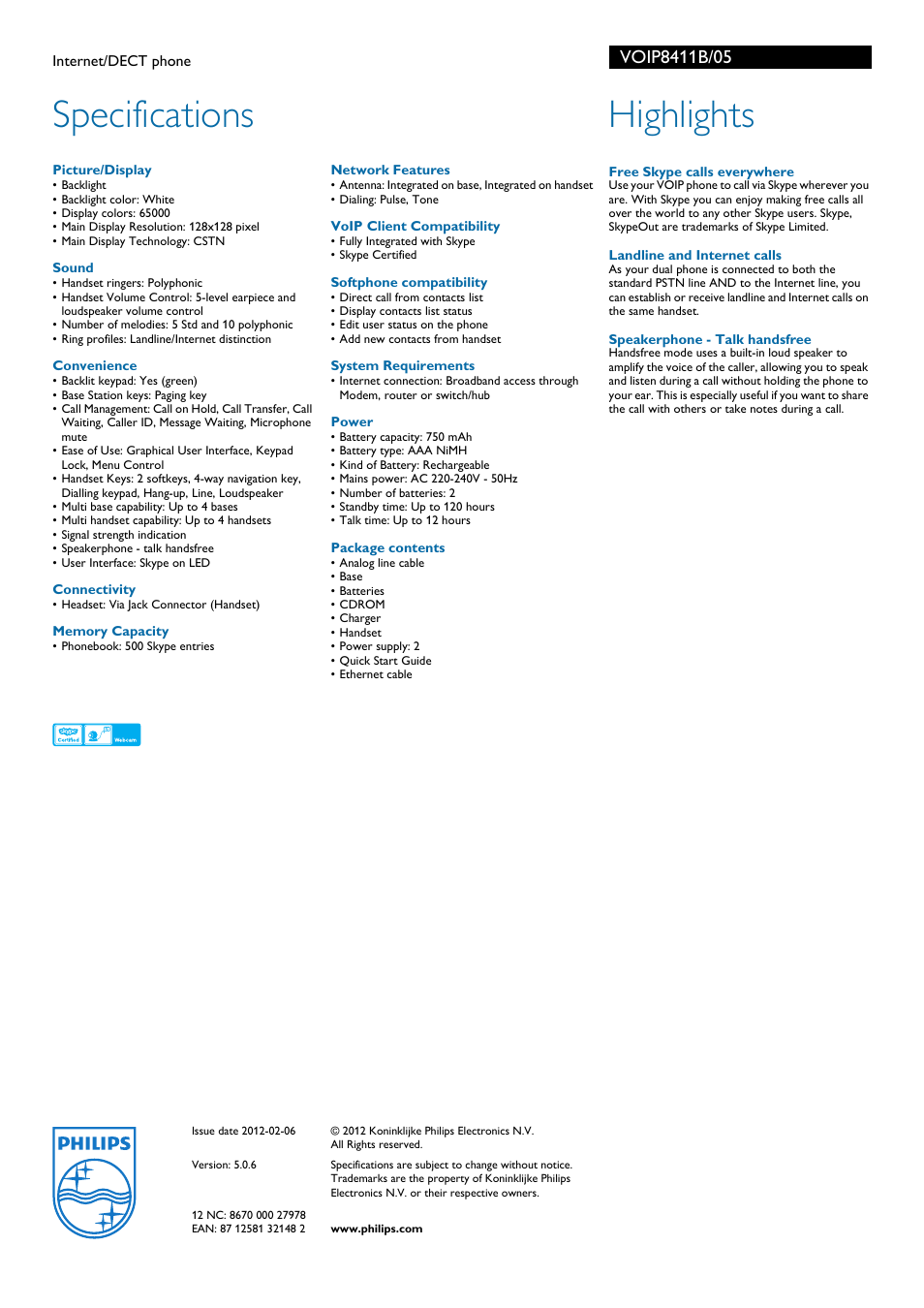 Specifications, Highlights | Univex VOIP8411B User Manual | Page 2 / 2