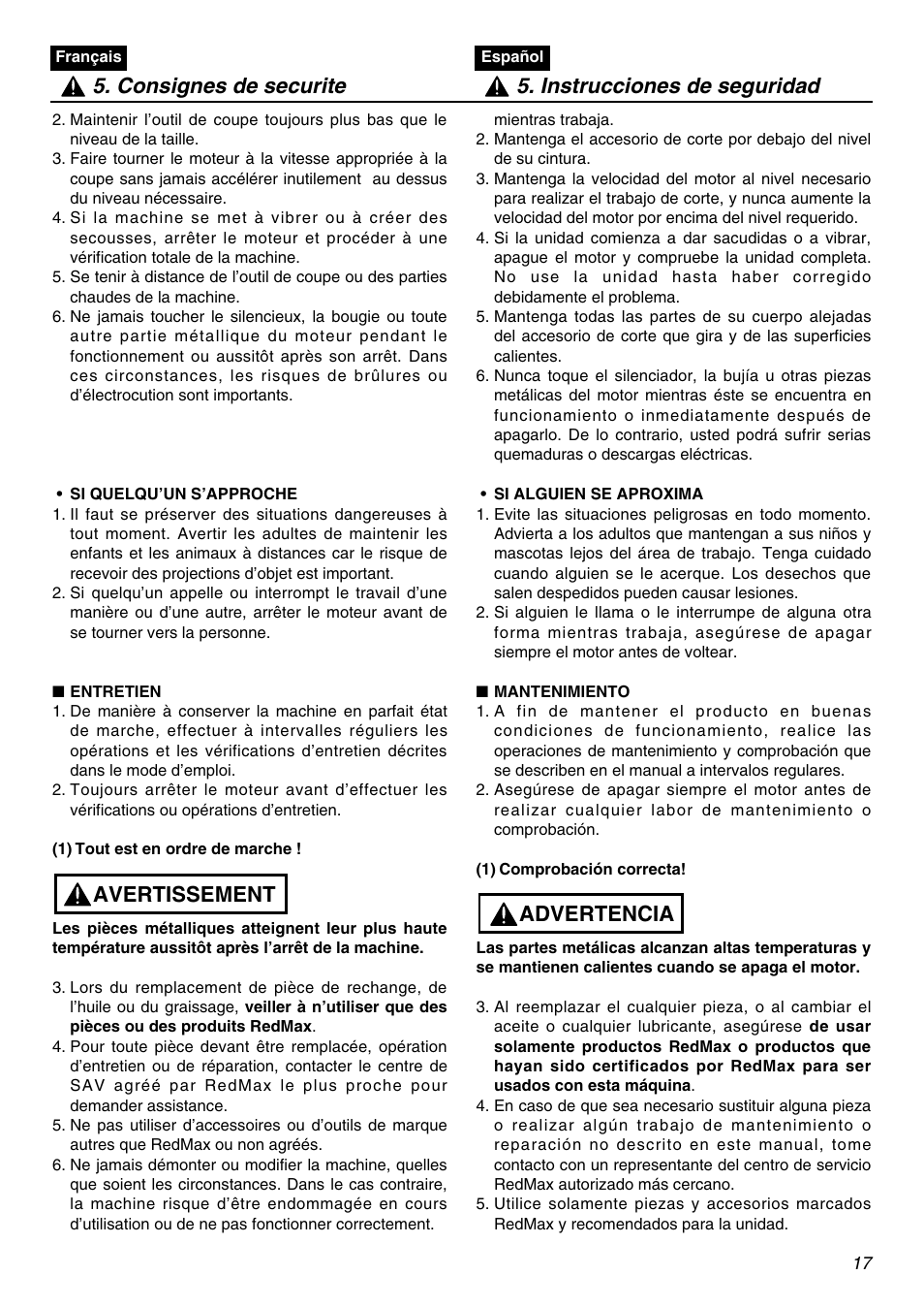 Avertissement | Univex SRTZ2401-CA User Manual | Page 17 / 56