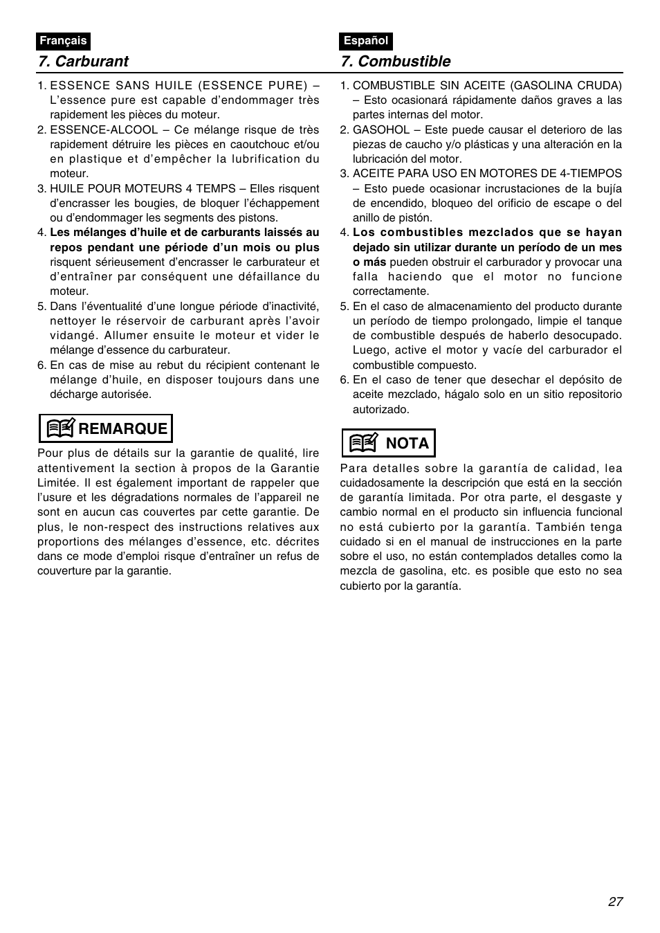 Remarque, Nota 7. carburant 7. combustible | Univex SRTZ2401-CA User Manual | Page 27 / 56