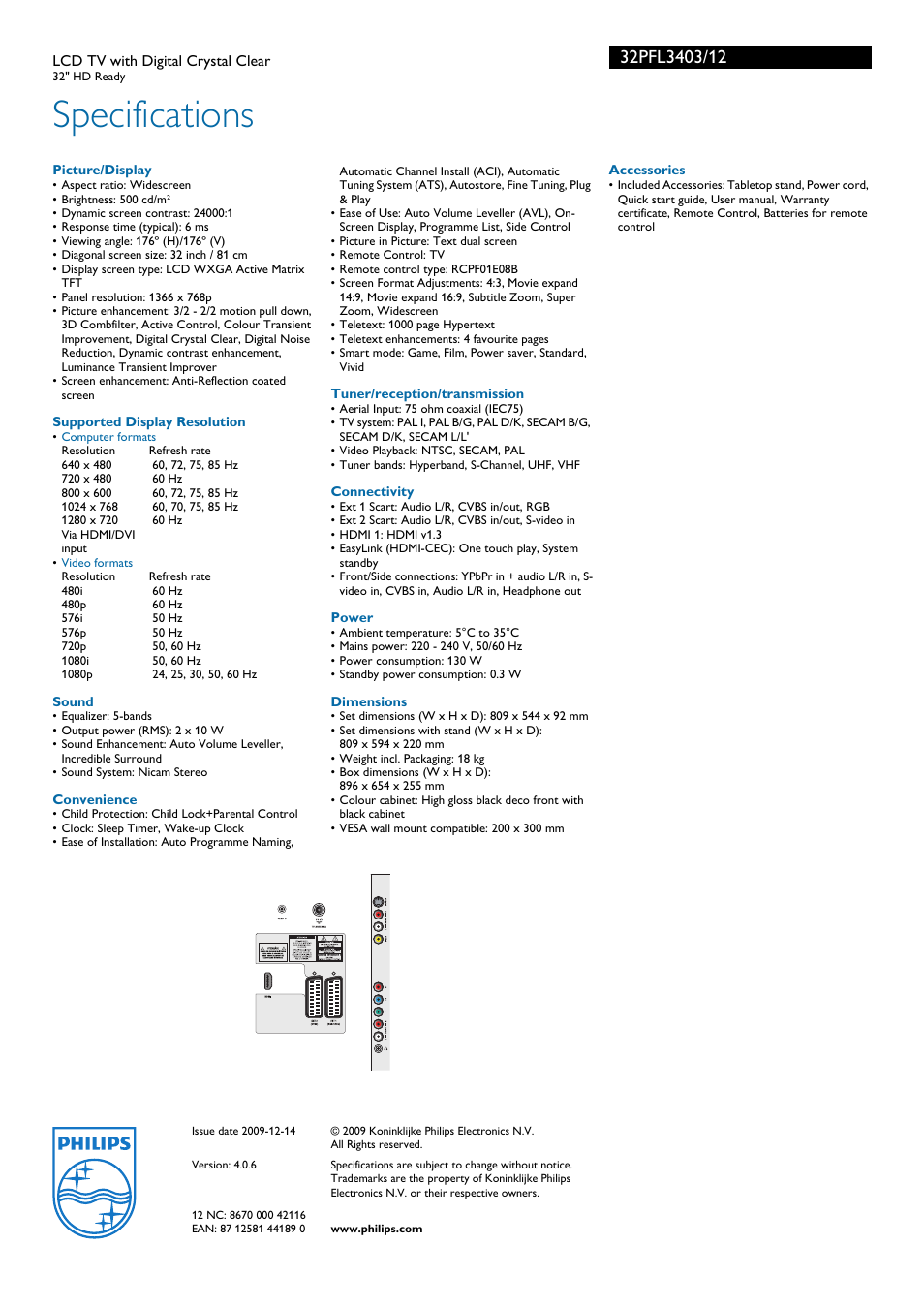 Specifications | Univex 32PFL3403 User Manual | Page 3 / 3