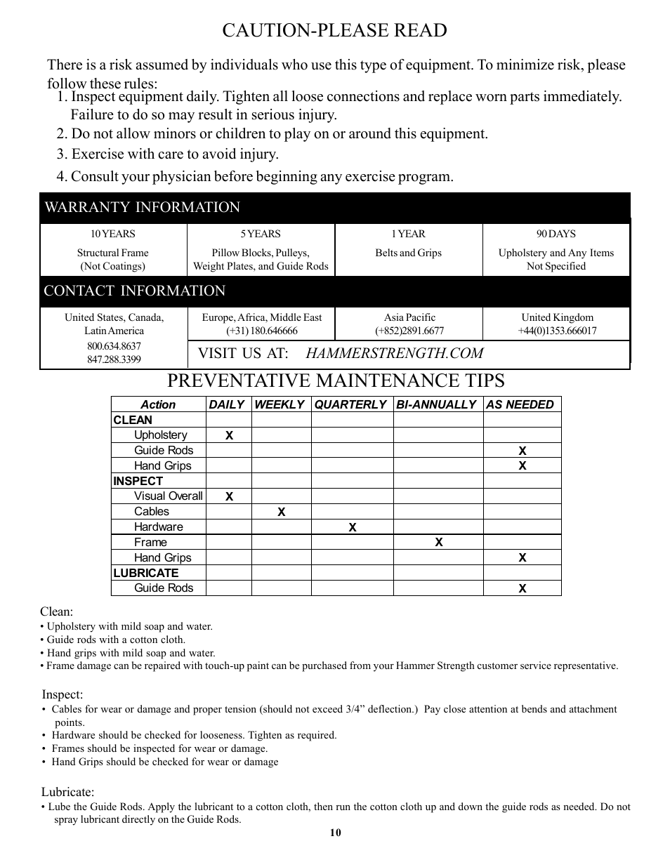 Preventative maintenance tips, Caution-please read, Warranty information contact information | Univex OHDADJ User Manual | Page 10 / 10