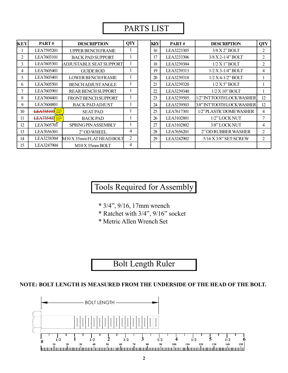 Parts list, Tools required for assembly, Bolt length ruler | Univex OHDADJ User Manual | Page 2 / 10