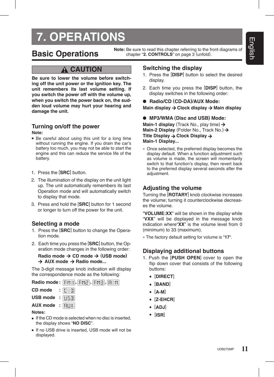 Operations, Basic operations, 11 english | Caution | Univex UDB275MP User Manual | Page 11 / 31