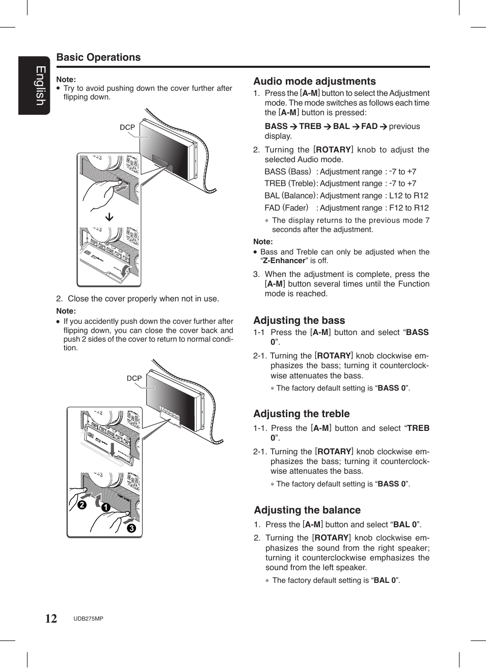 12 english, Basic operations audio mode adjustments, Adjusting the bass | Adjusting the treble, Adjusting the balance | Univex UDB275MP User Manual | Page 12 / 31