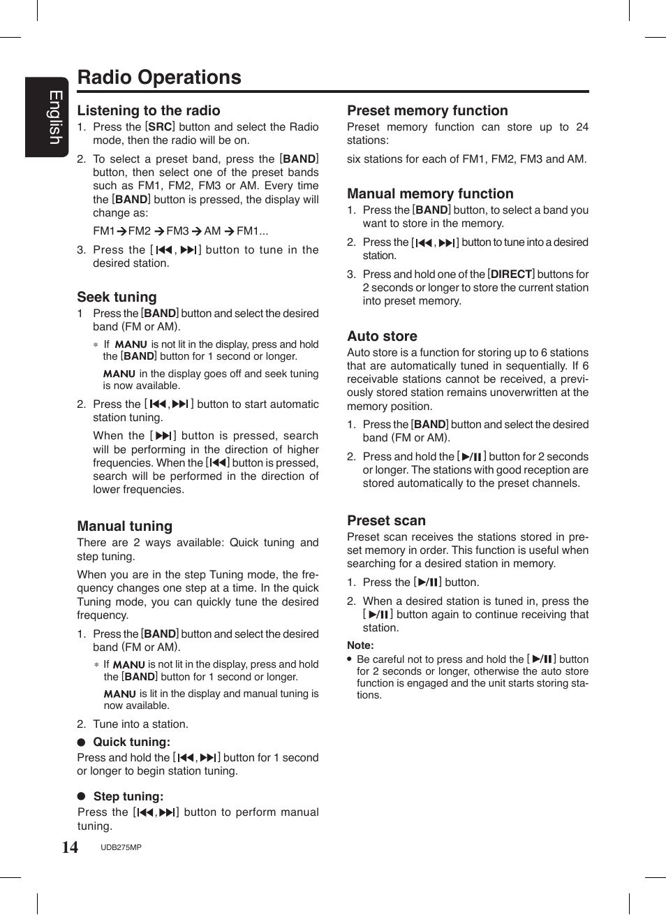 Radio operations, 14 english, Seek tuning | Listening to the radio, Manual tuning, Auto store, Preset scan | Univex UDB275MP User Manual | Page 14 / 31