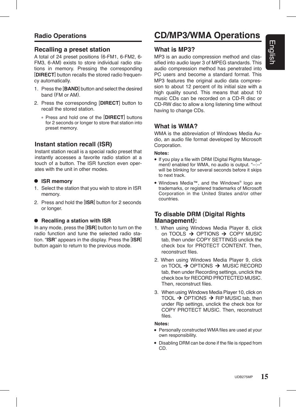 Cd/mp3/wma operations, 15 english, Radio operations recalling a preset station | Instant station recall (isr), What is mp3, What is wma | Univex UDB275MP User Manual | Page 15 / 31