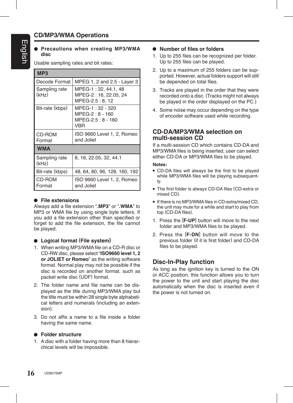 16 english, Cd-da/mp3/wma selection on multi-session cd, Cd/mp3/wma operations | Disc-in-play function | Univex UDB275MP User Manual | Page 16 / 31