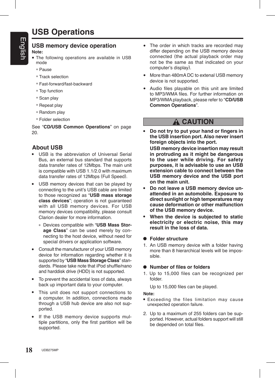 Usb operations, 18 english, Caution | About usb | Univex UDB275MP User Manual | Page 18 / 31