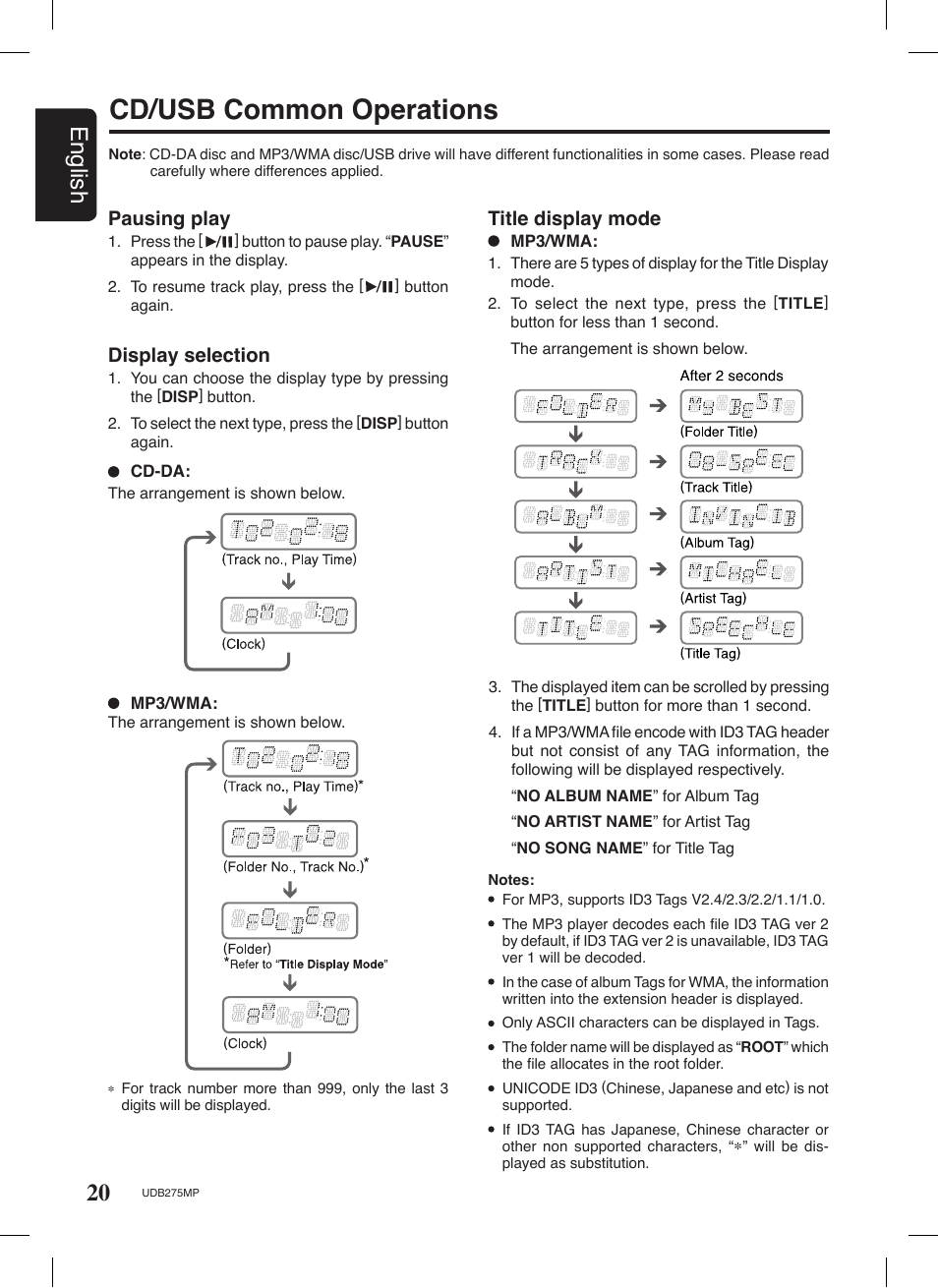 Cd/usb common operations, 20 english, Pausing play | Display selection, Title display mode | Univex UDB275MP User Manual | Page 20 / 31