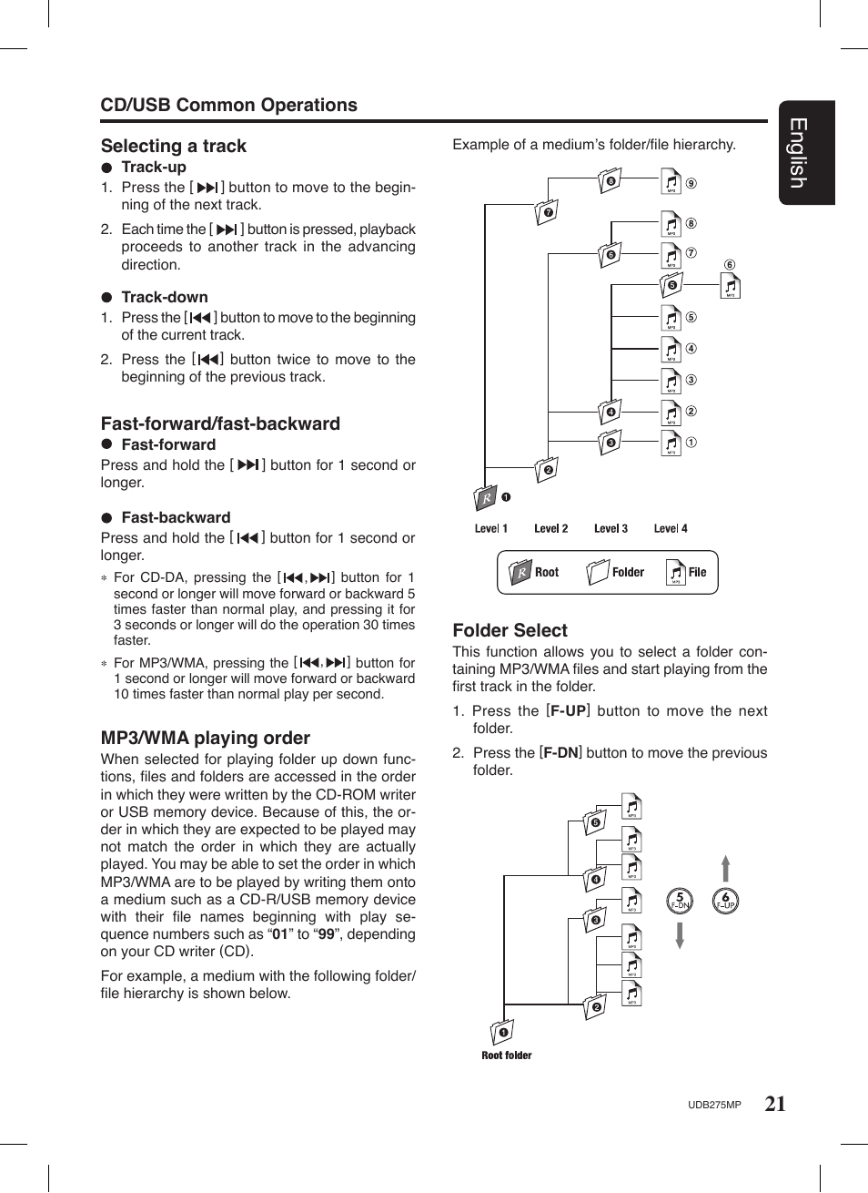21 english, Selecting a track, Fast-forward/fast-backward | Mp3/wma playing order, Cd/usb common operations folder select | Univex UDB275MP User Manual | Page 21 / 31