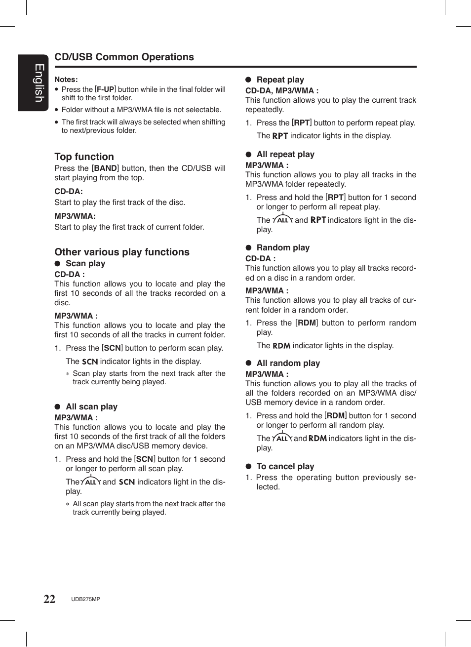 22 english, Top function, Other various play functions | Cd/usb common operations | Univex UDB275MP User Manual | Page 22 / 31