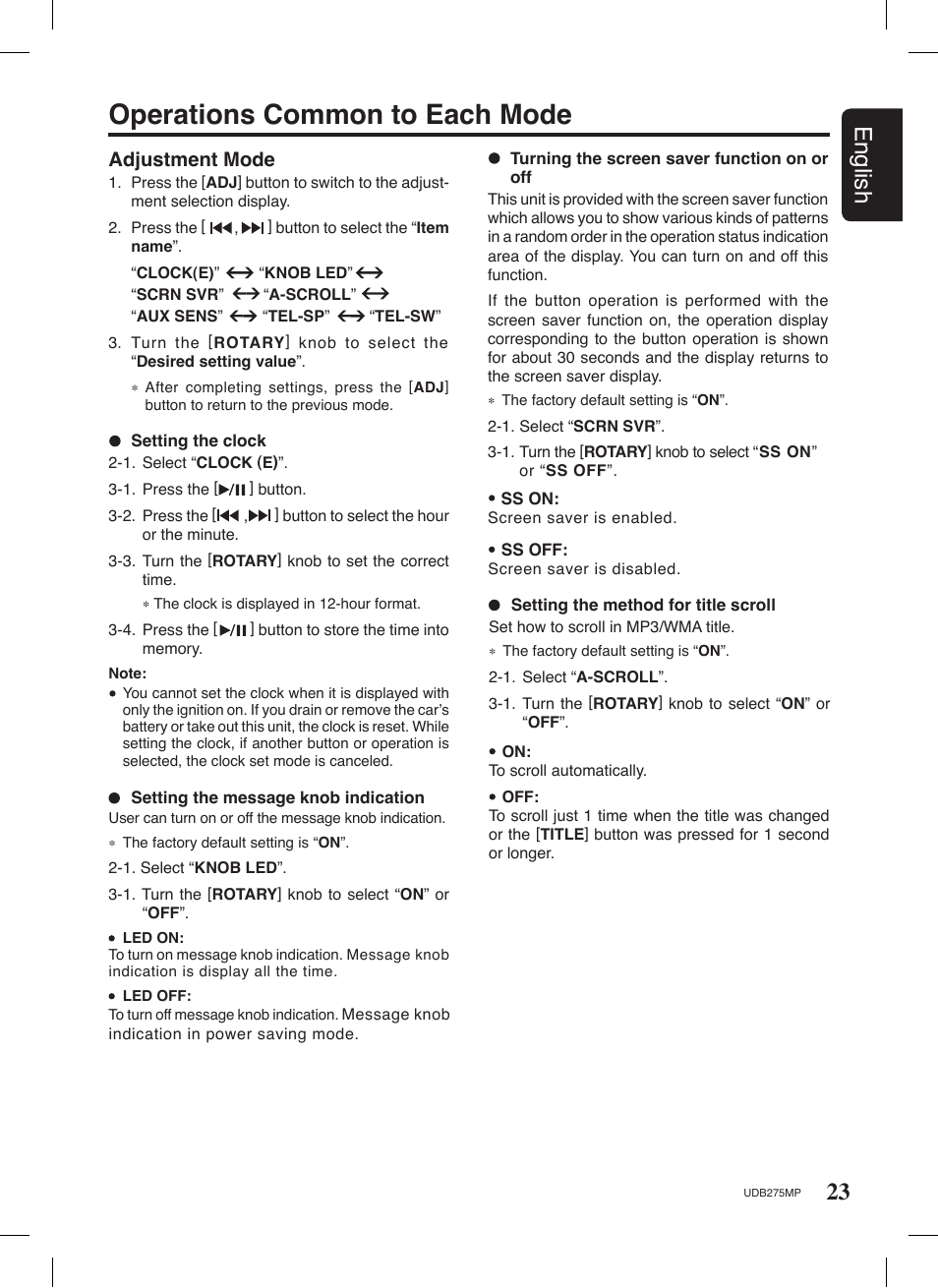 Operations common to each mode, 23 english, Adjustment mode | Univex UDB275MP User Manual | Page 23 / 31