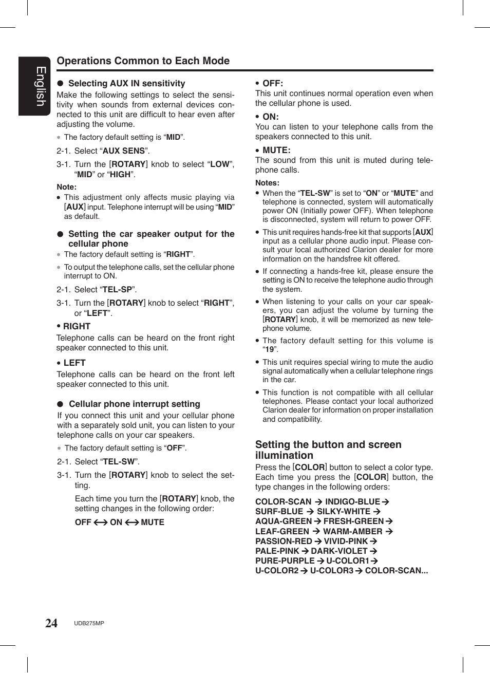 24 english, Operations common to each mode, Setting the button and screen illumination | Univex UDB275MP User Manual | Page 24 / 31