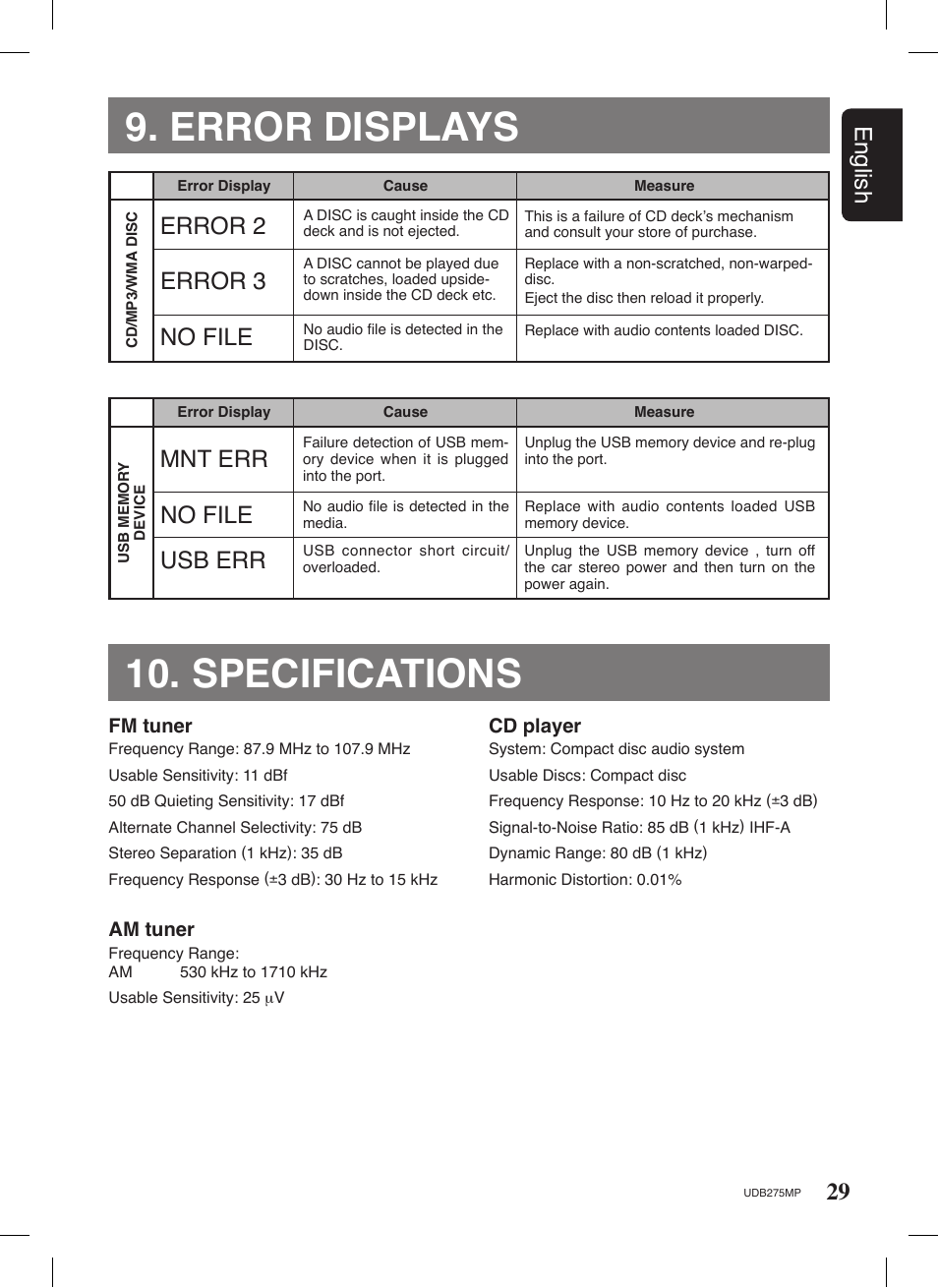Error displays 10. specifications, 29 english, Mnt err | No file usb err, Error 2, Error 3 no file | Univex UDB275MP User Manual | Page 29 / 31