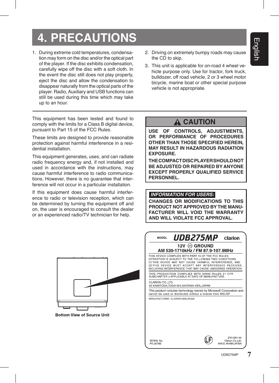 Precautions, 7english, Caution | Univex UDB275MP User Manual | Page 7 / 31