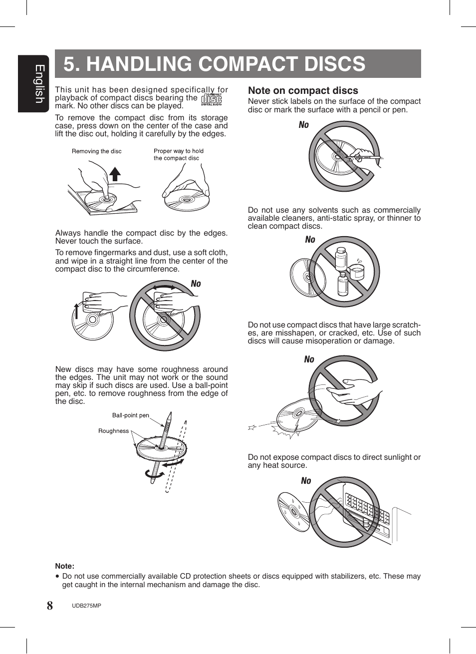 Handling compact discs, 8english | Univex UDB275MP User Manual | Page 8 / 31
