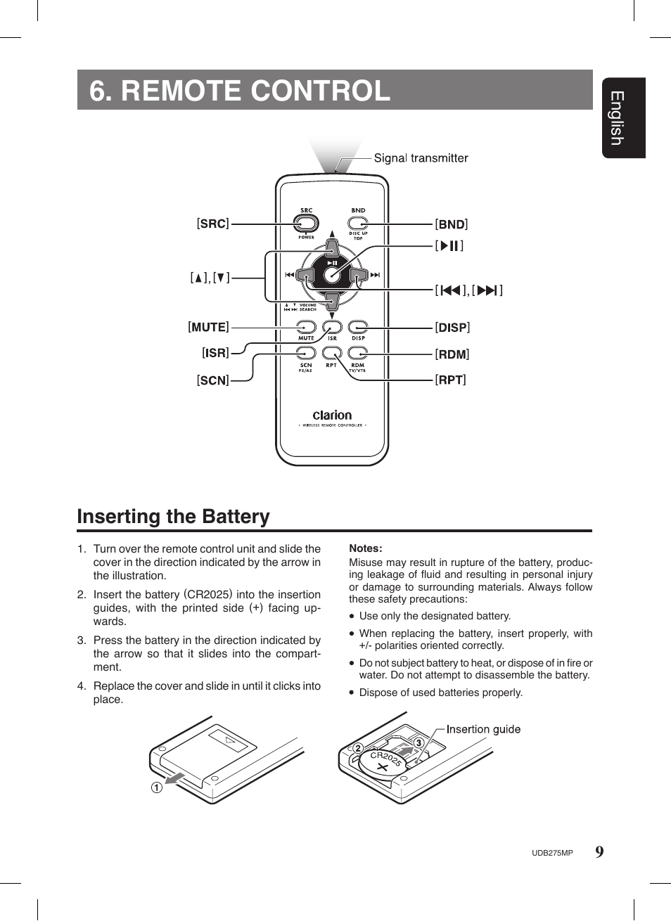 Remote control, Inserting the battery, 9english | Univex UDB275MP User Manual | Page 9 / 31