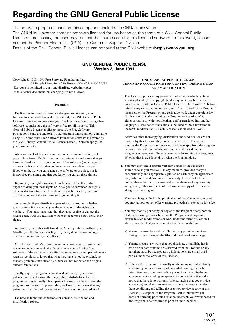 Regarding the gnu general, Public license, Regarding the gnu general public license | Univex PRV-LX1 User Manual | Page 101 / 104