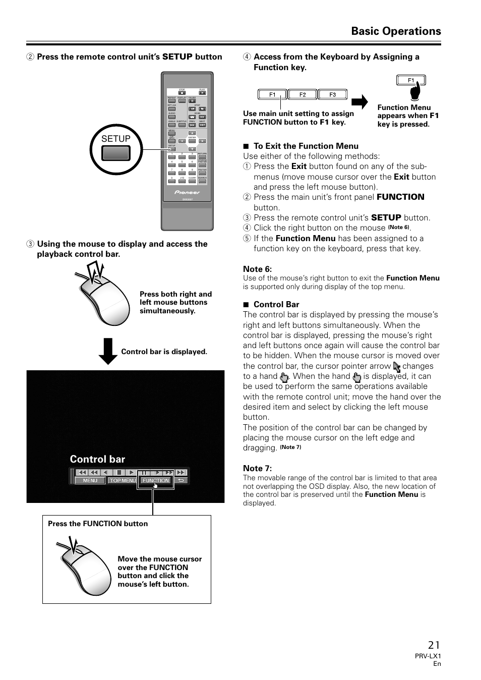 Basic operations, Control bar, Setup | Univex PRV-LX1 User Manual | Page 21 / 104
