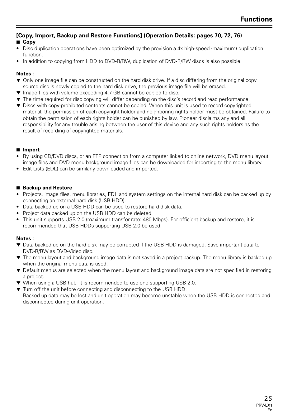 Functions | Univex PRV-LX1 User Manual | Page 25 / 104