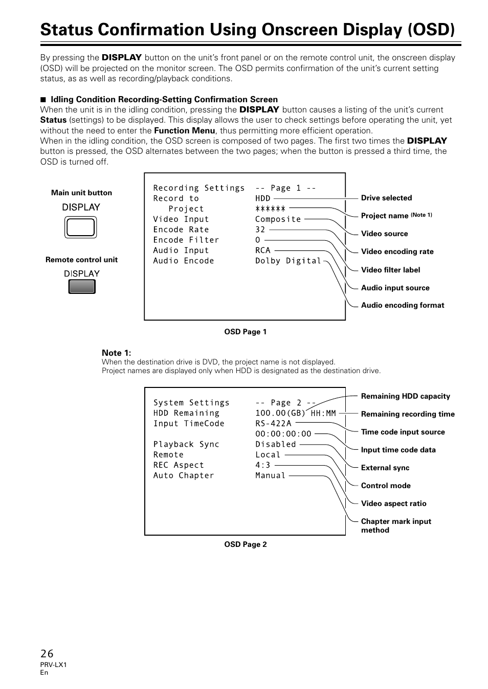 Status confirmation using onscreen, Display (osd), Status confirmation using onscreen display (osd) | Univex PRV-LX1 User Manual | Page 26 / 104