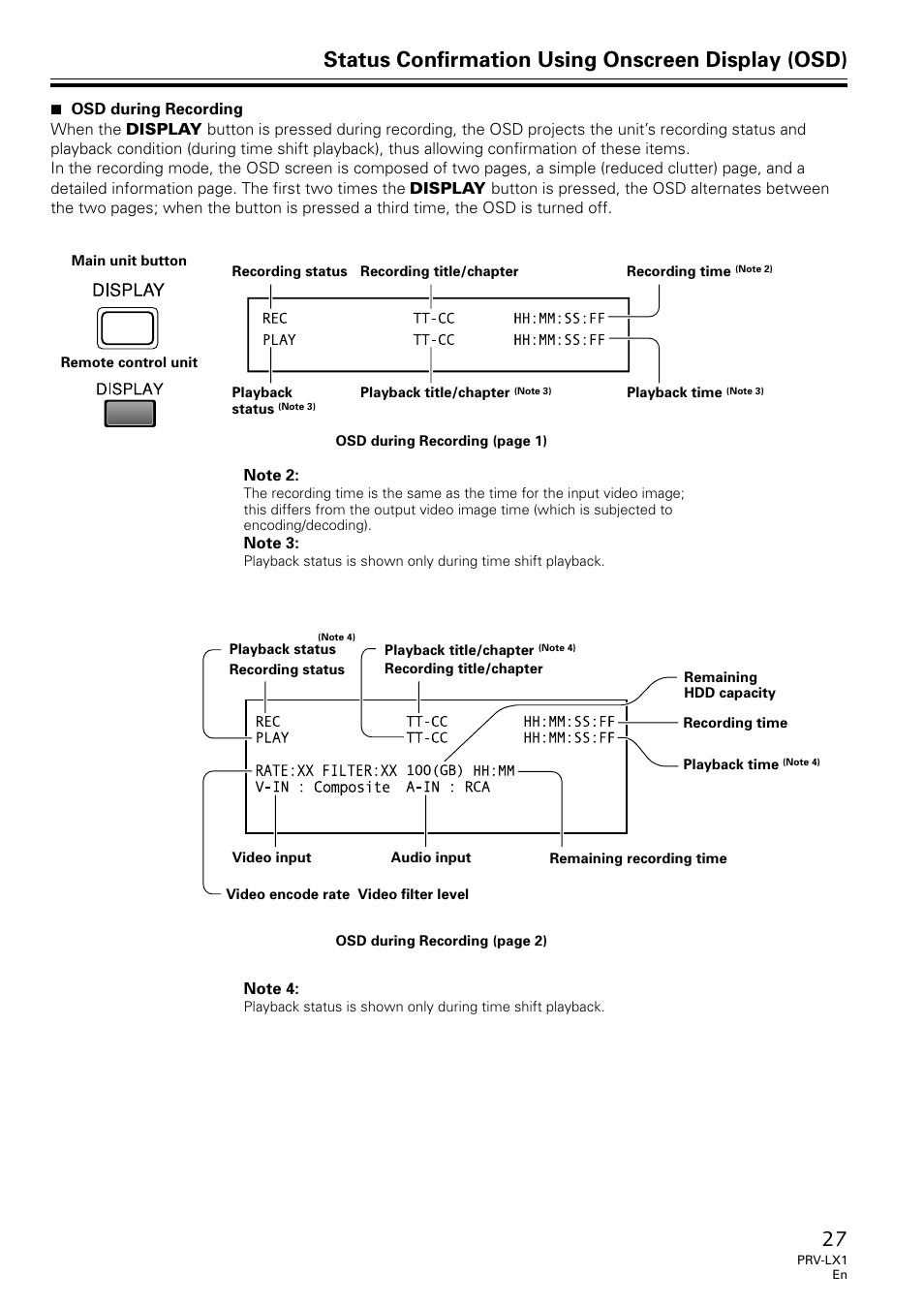 Status confirmation using onscreen display (osd) | Univex PRV-LX1 User Manual | Page 27 / 104