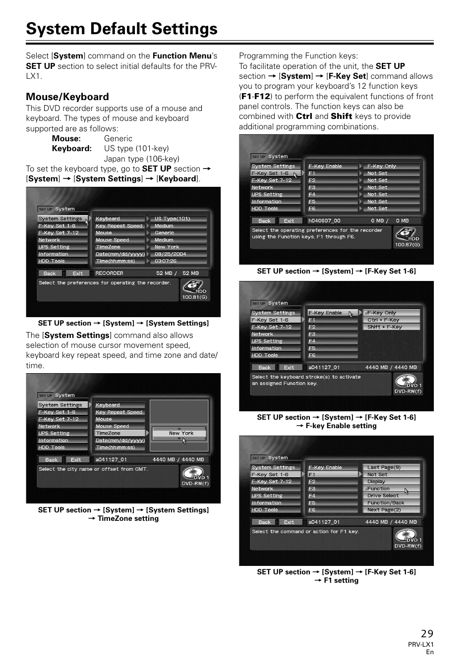 System default settings, Mouse/keyboard | Univex PRV-LX1 User Manual | Page 29 / 104