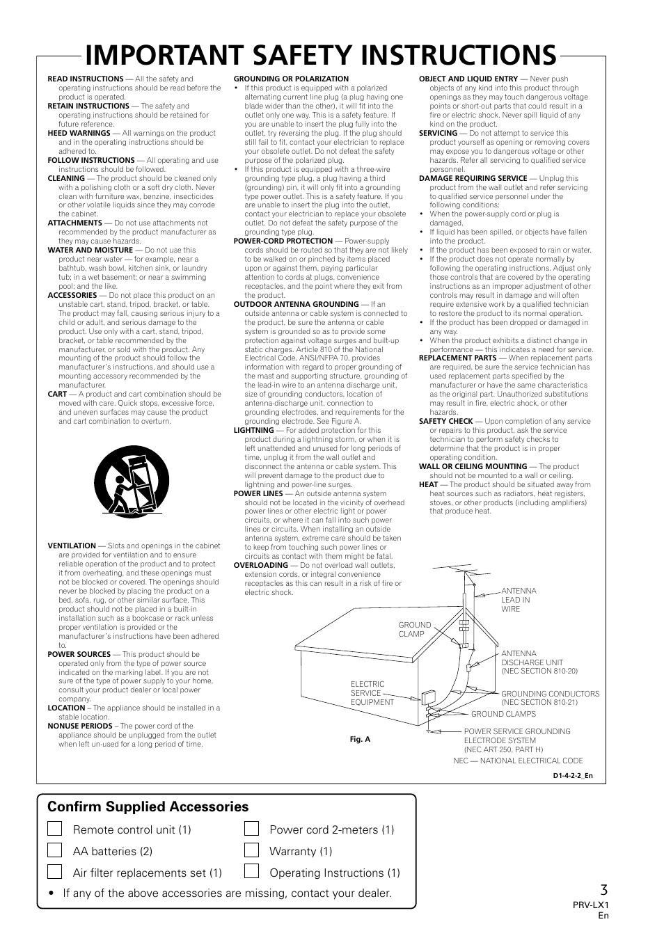 Important safety instructions, Confirm supplied accessories | Univex PRV-LX1 User Manual | Page 3 / 104
