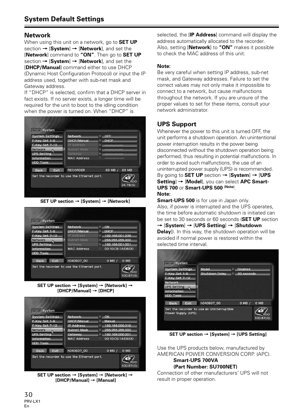 Network ups support, System default settings, Network | Ups support | Univex PRV-LX1 User Manual | Page 30 / 104