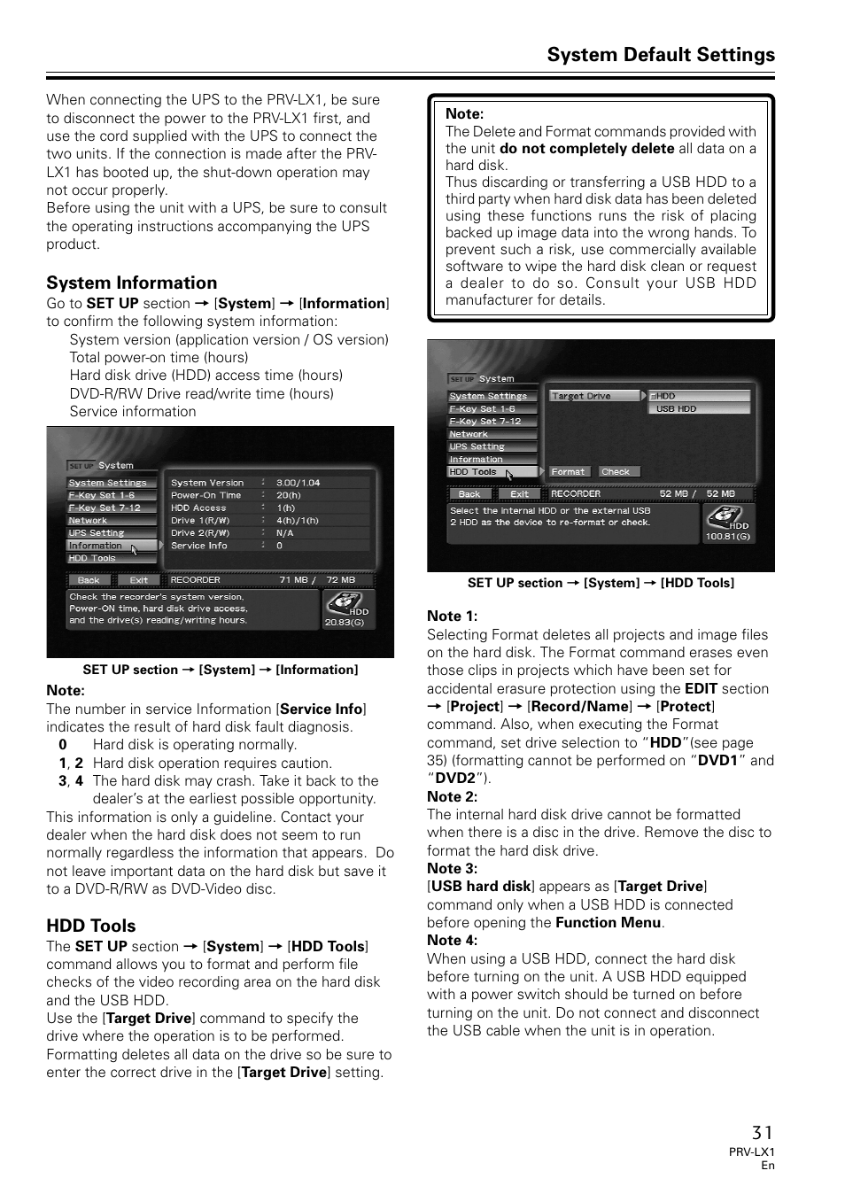 System information hdd tools, System default settings, System information | Hdd tools | Univex PRV-LX1 User Manual | Page 31 / 104