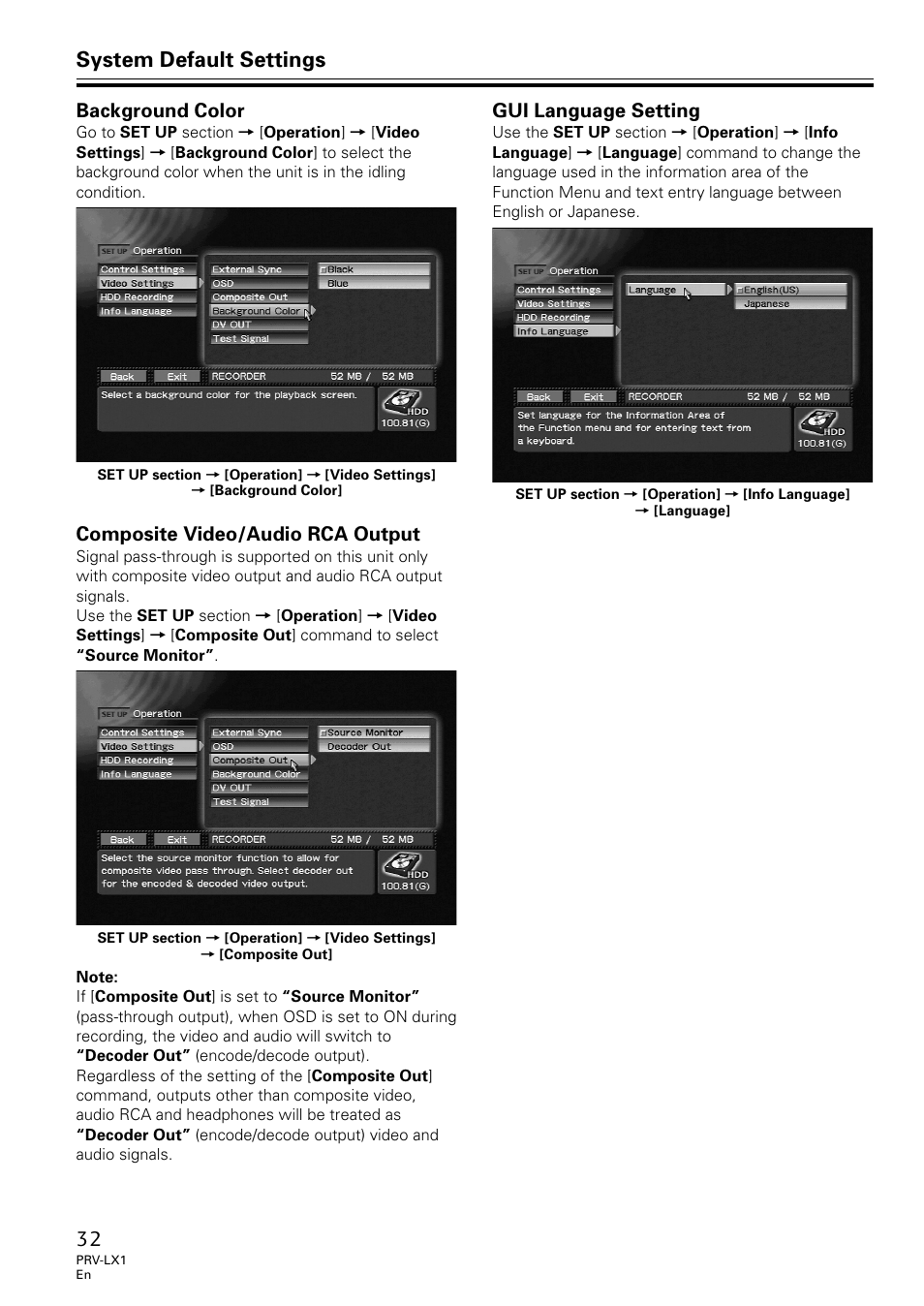 System default settings, Background color, Composite video/audio rca output | Gui language setting | Univex PRV-LX1 User Manual | Page 32 / 104