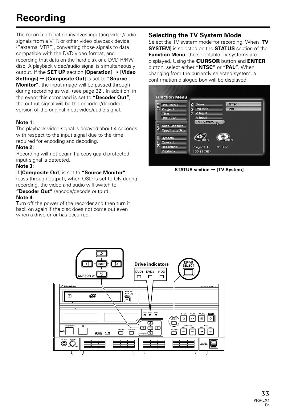 Recording, Selecting the tv system mode | Univex PRV-LX1 User Manual | Page 33 / 104
