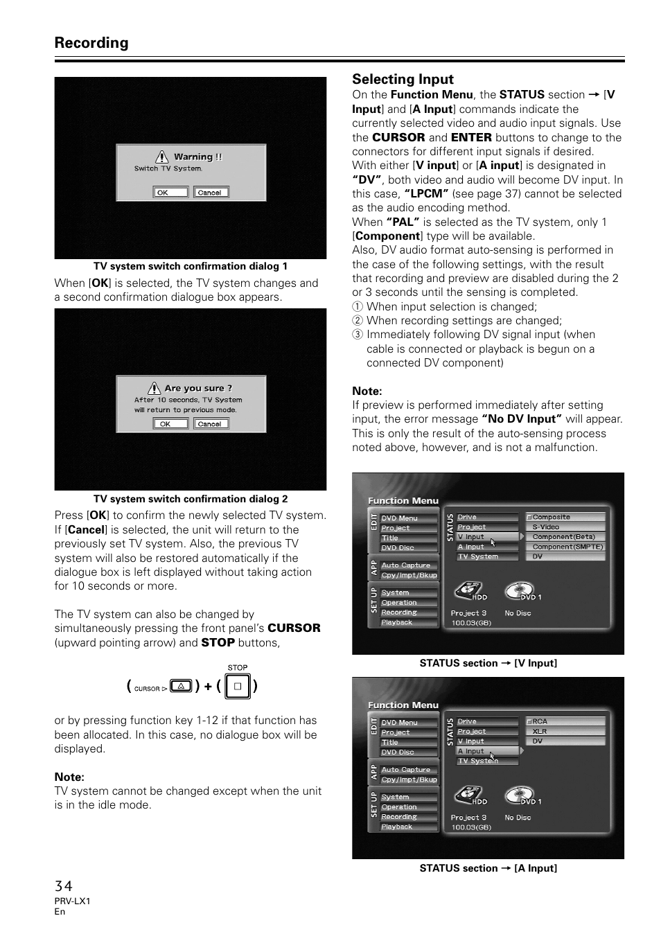 Selecting input, Recording | Univex PRV-LX1 User Manual | Page 34 / 104