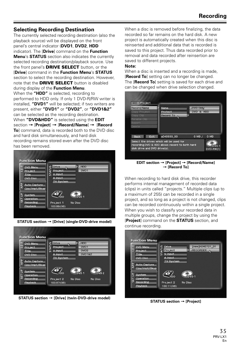 Selecting recording destination, Recording | Univex PRV-LX1 User Manual | Page 35 / 104