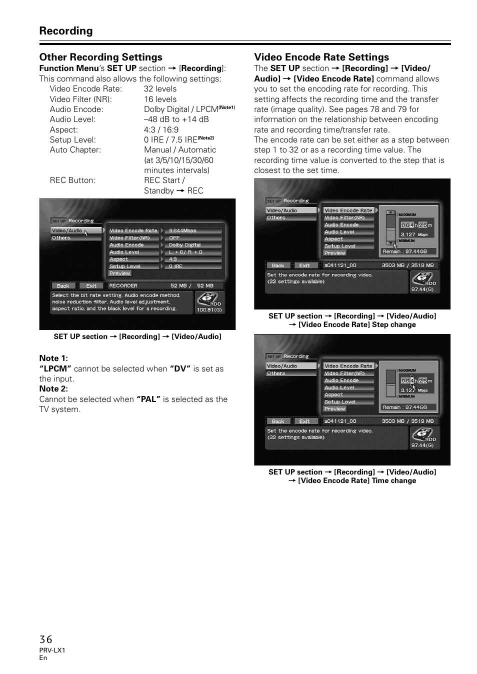 Recording, Other recording settings, Video encode rate settings | Univex PRV-LX1 User Manual | Page 36 / 104