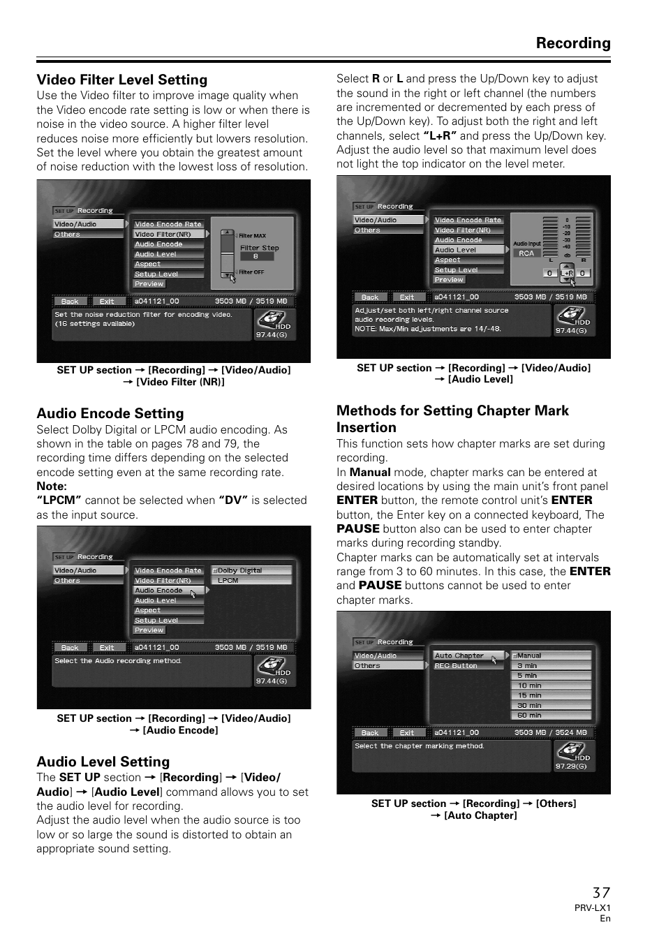 Recording, Video filter level setting, Audio encode setting | Audio level setting, Methods for setting chapter mark insertion | Univex PRV-LX1 User Manual | Page 37 / 104