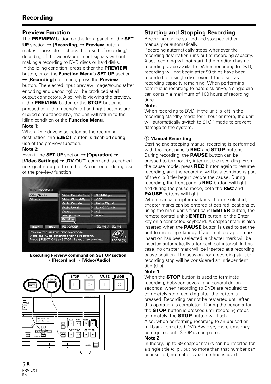 Preview function starting and stopping recording, Recording | Univex PRV-LX1 User Manual | Page 38 / 104
