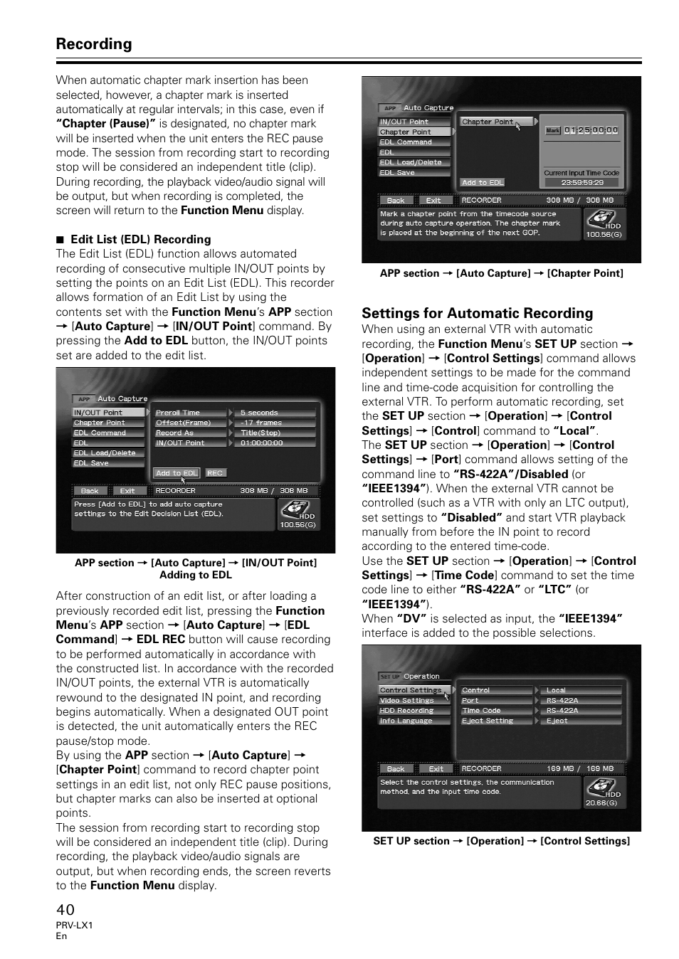 Settings for automatic recording, Recording | Univex PRV-LX1 User Manual | Page 40 / 104