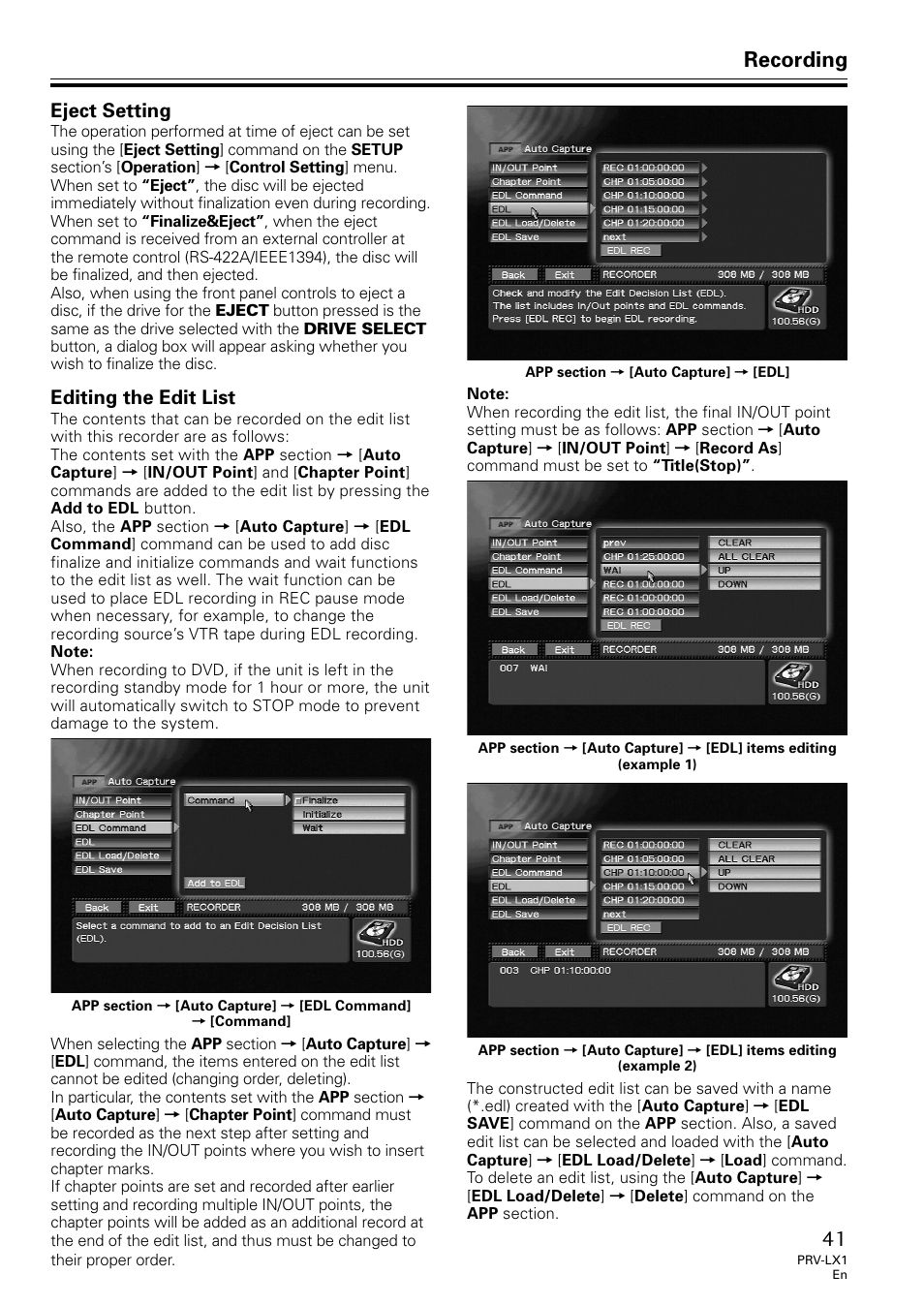 Eject setting editing the edit list, Recording, Editing the edit list | Eject setting | Univex PRV-LX1 User Manual | Page 41 / 104