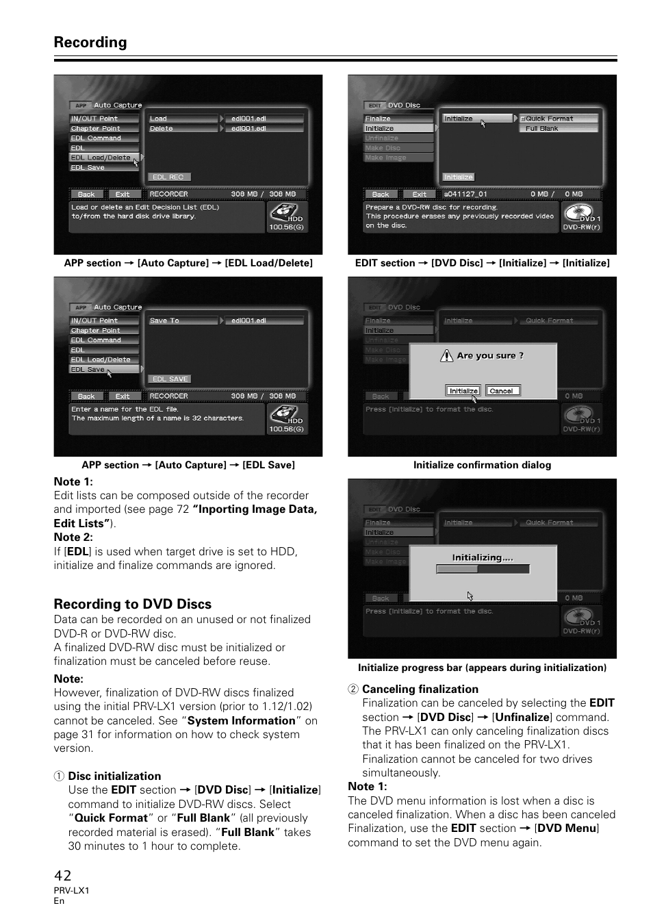 Recording to dvd discs, Recording | Univex PRV-LX1 User Manual | Page 42 / 104