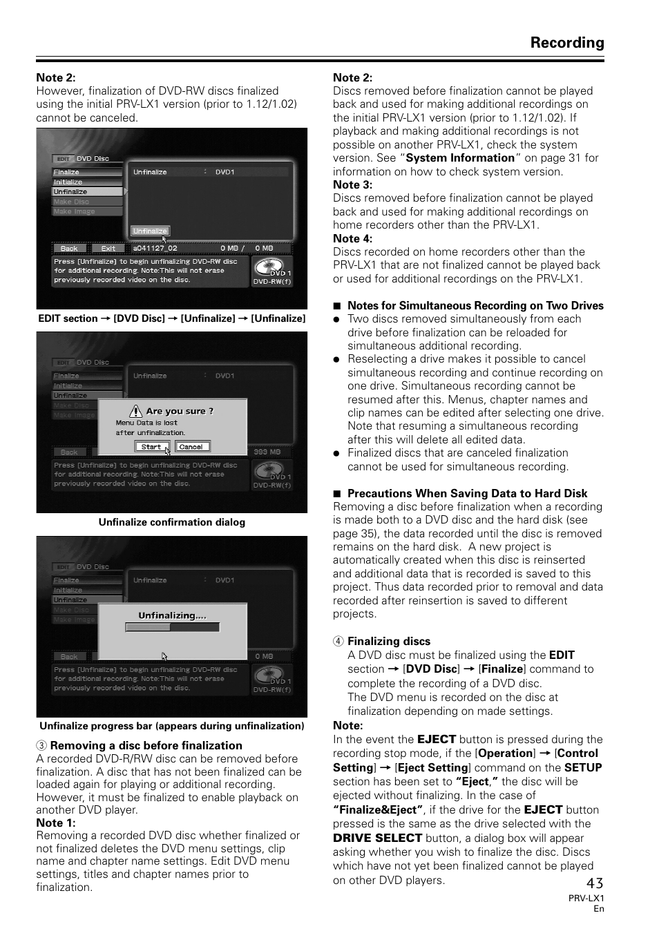 Recording | Univex PRV-LX1 User Manual | Page 43 / 104