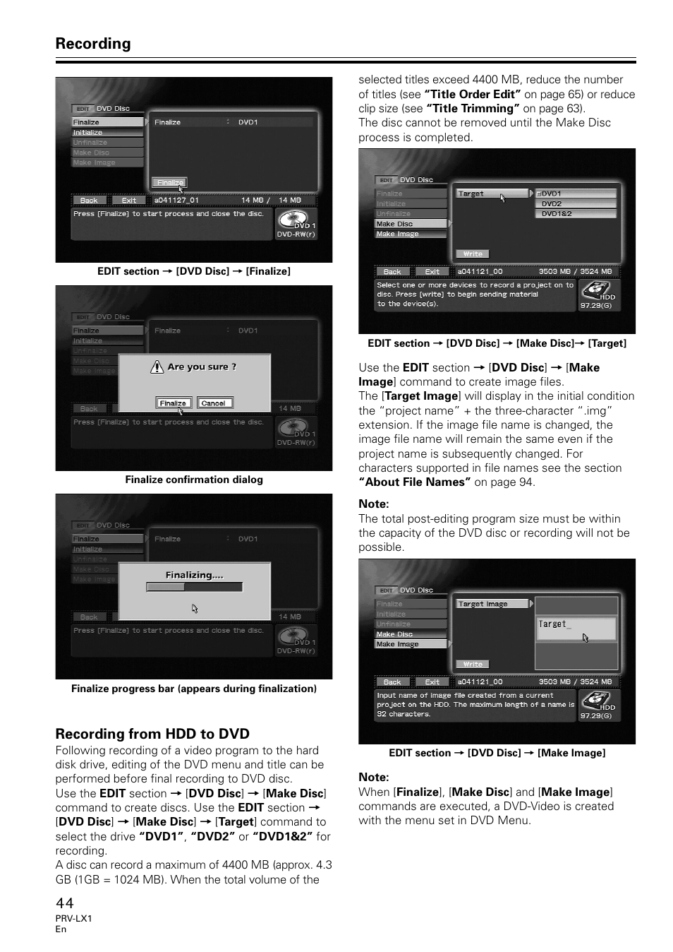 Recording from hdd to dvd, Recording | Univex PRV-LX1 User Manual | Page 44 / 104