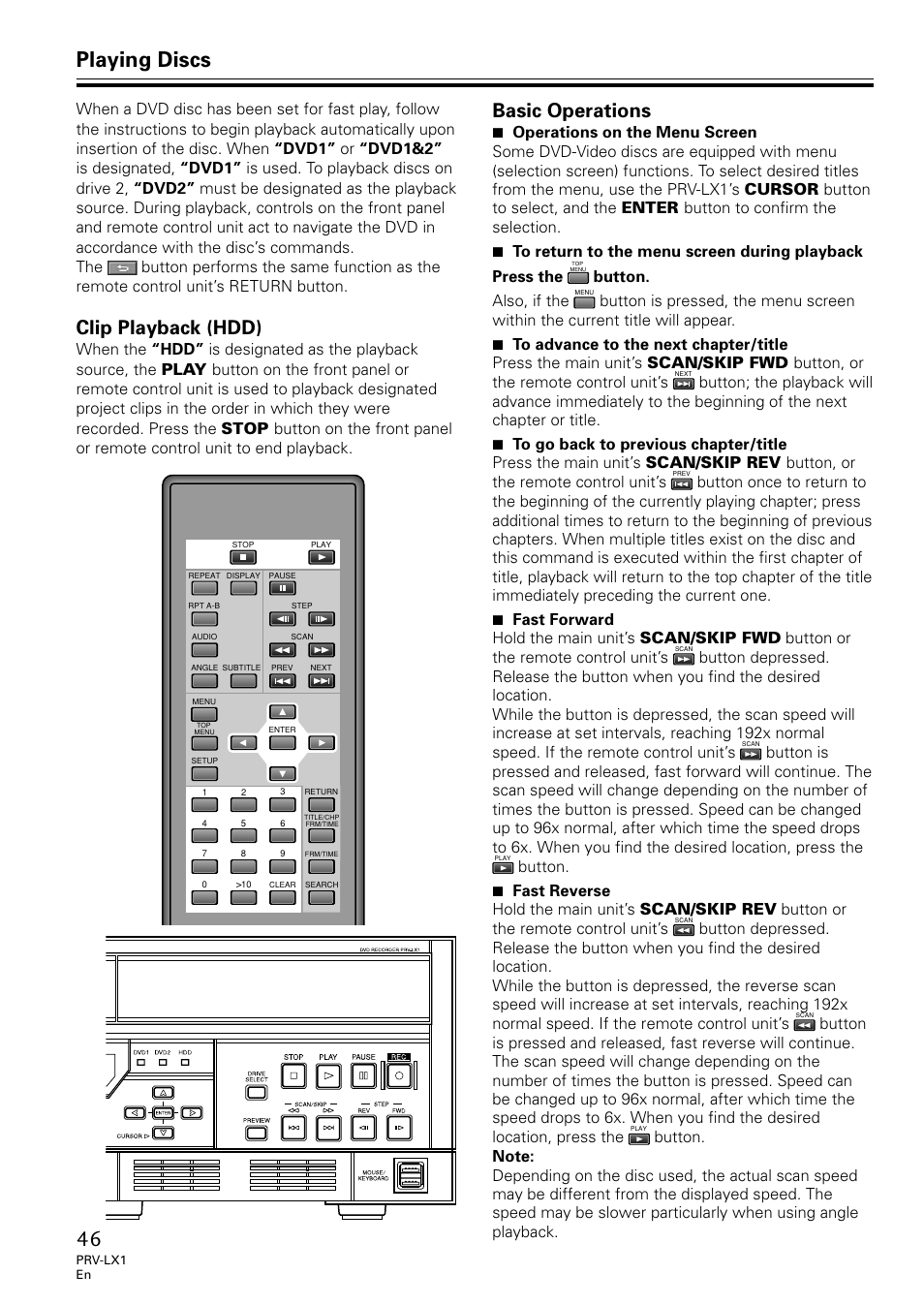 Clip playback (hdd) basic operations, Playing discs, Clip playback (hdd) | Basic operations, Button. also, if the | Univex PRV-LX1 User Manual | Page 46 / 104