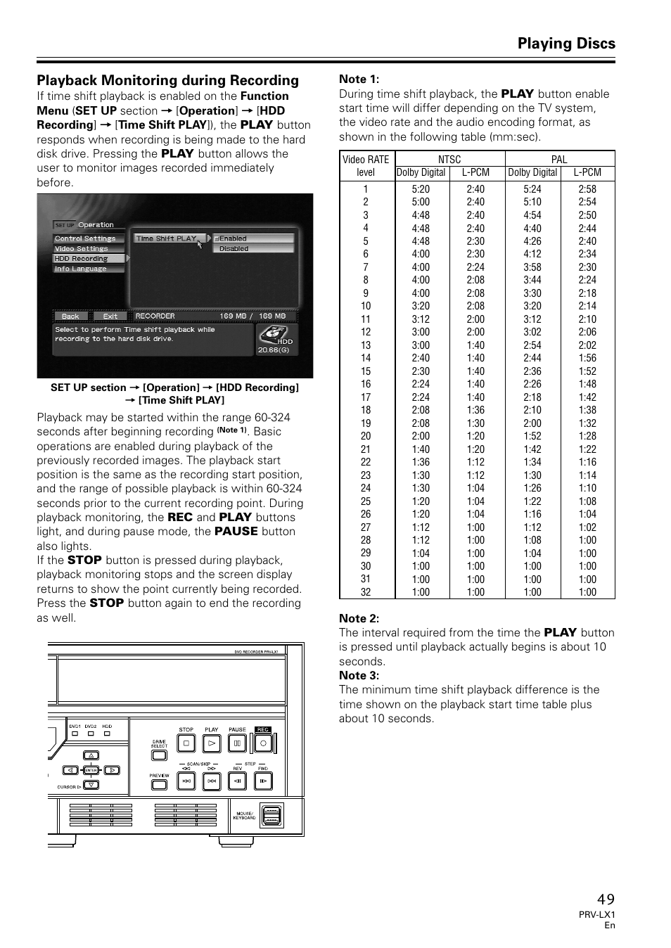 Playback monitoring during recording, Playing discs | Univex PRV-LX1 User Manual | Page 49 / 104