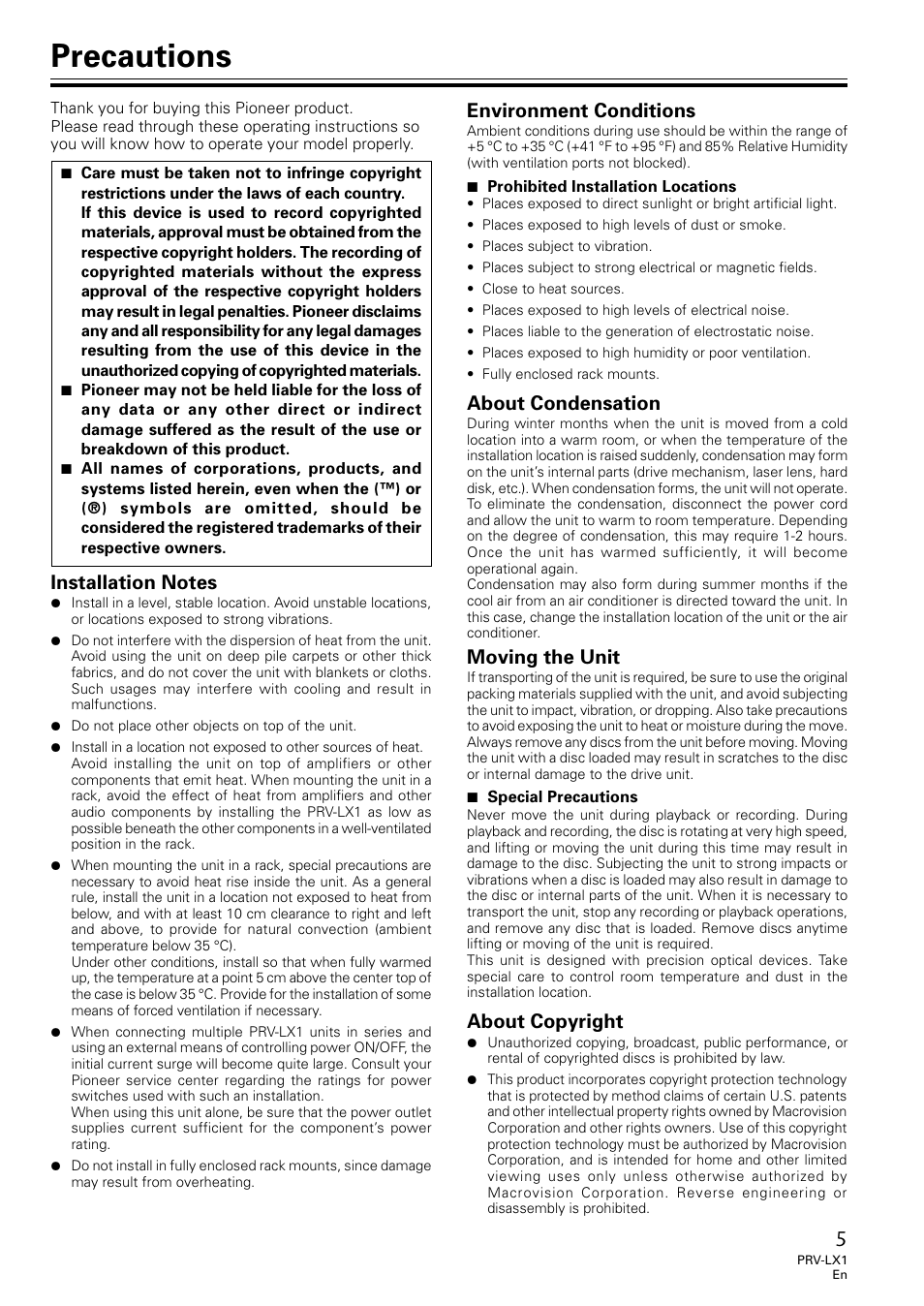 Precautions, Environment conditions, About condensation | Moving the unit, About copyright | Univex PRV-LX1 User Manual | Page 5 / 104