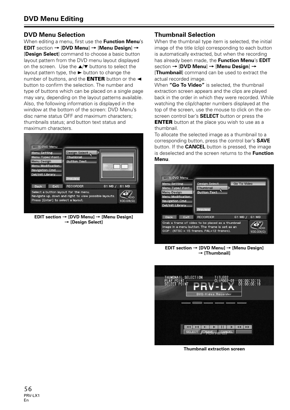 Dvd menu selection thumbnail selection, Dvd menu editing, Dvd menu selection | Thumbnail selection | Univex PRV-LX1 User Manual | Page 56 / 104