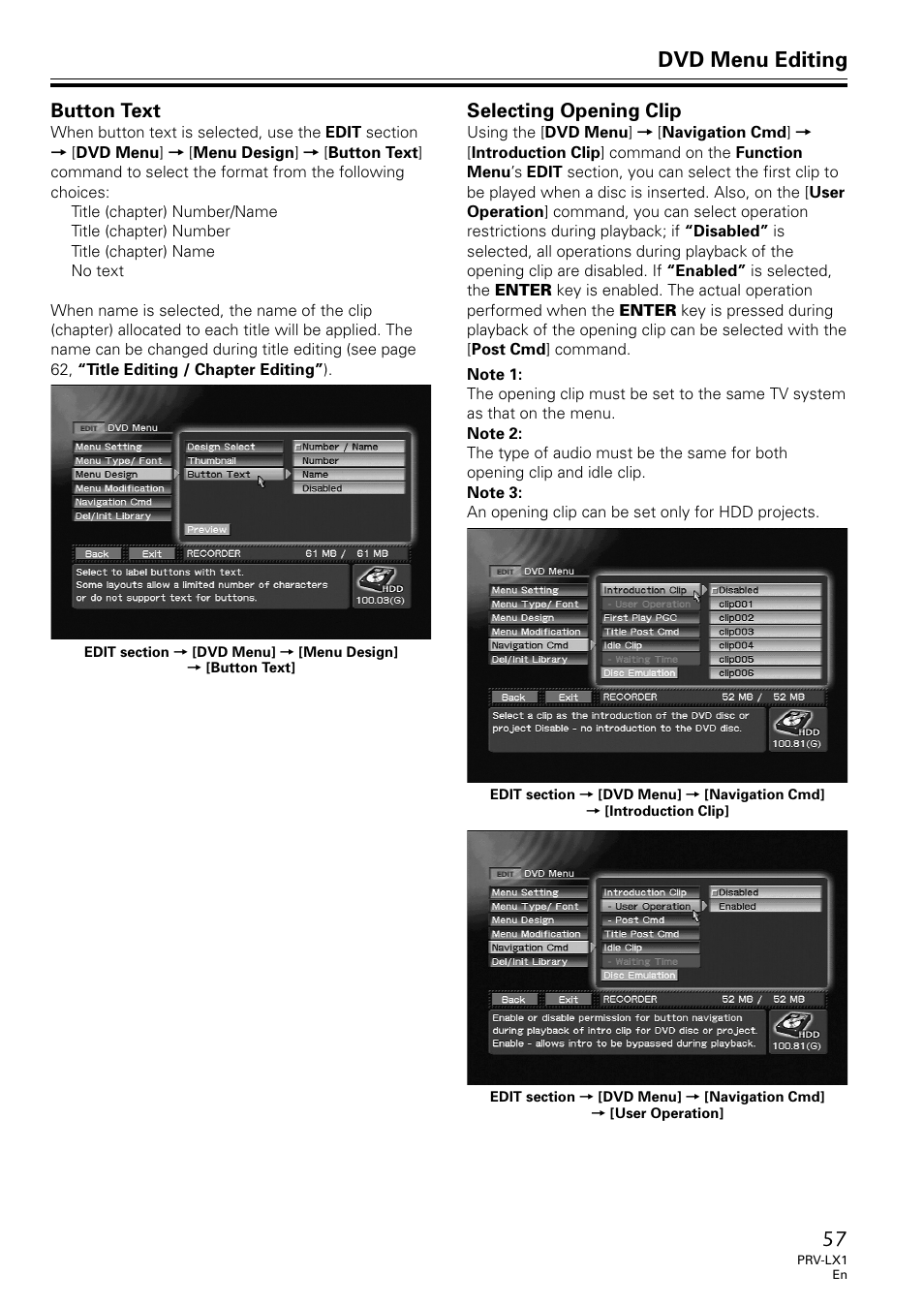 Button text selecting opening clip, Dvd menu editing, Button text | Selecting opening clip | Univex PRV-LX1 User Manual | Page 57 / 104