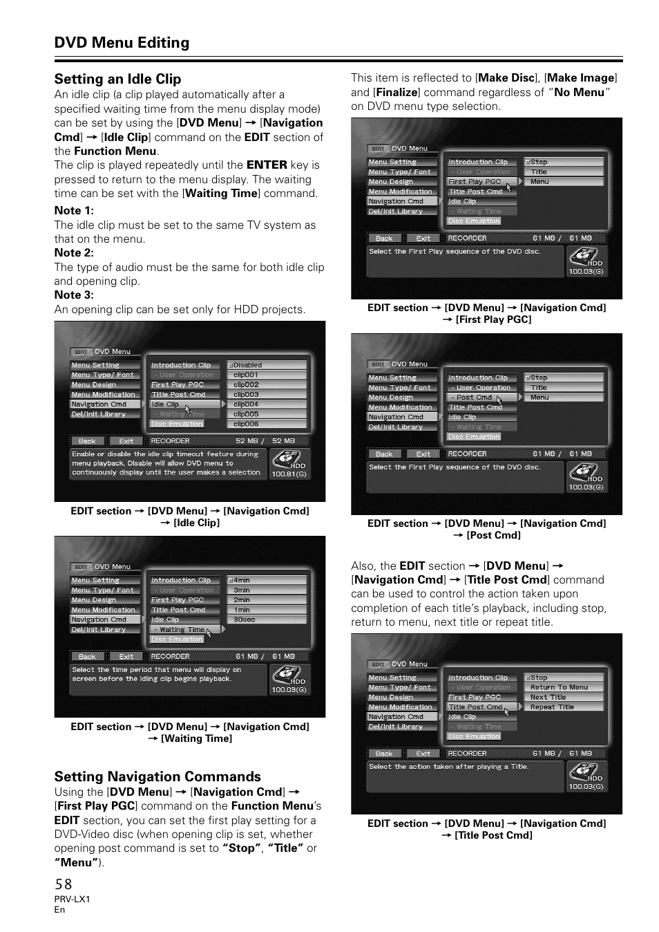 Setting an idle clip setting navigation commands, Dvd menu editing, Setting an idle clip | Setting navigation commands | Univex PRV-LX1 User Manual | Page 58 / 104