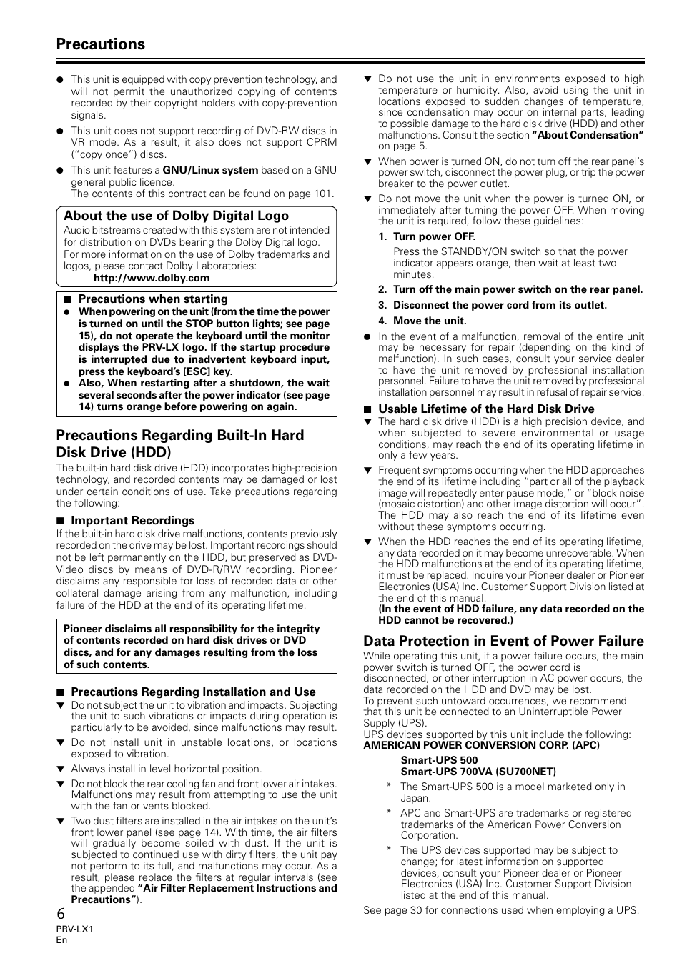 Precautions, Data protection in event of power failure | Univex PRV-LX1 User Manual | Page 6 / 104